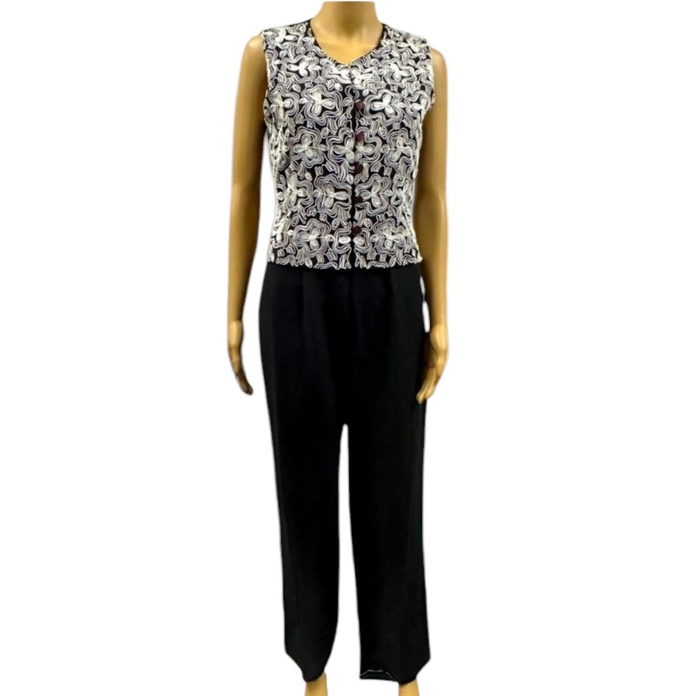 Linen Blend Newport News Black White Zip Front Sleeveless Vest Jumpsuit Womens 6